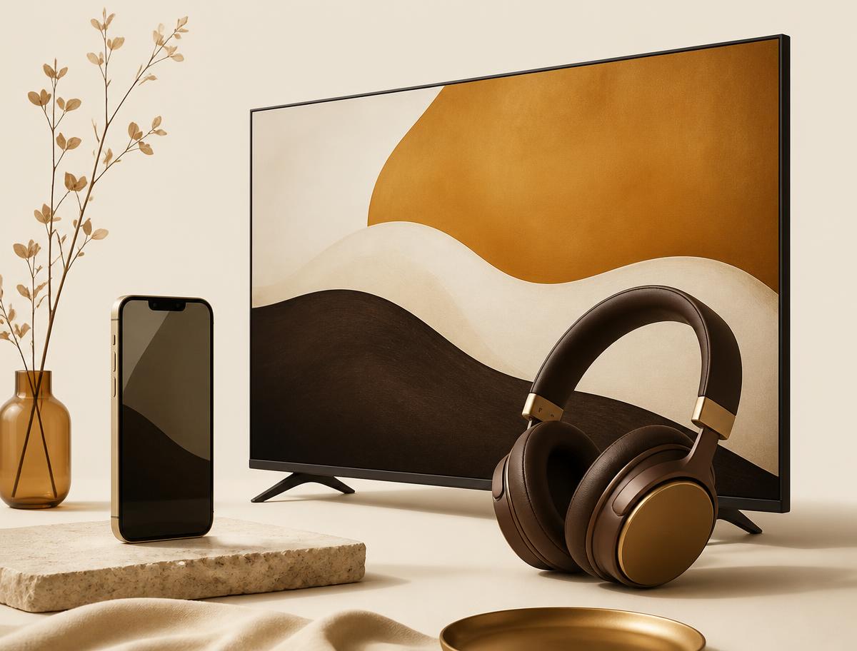Celular, smart TV e fones de ouvido em composição editorial bege e dourada
